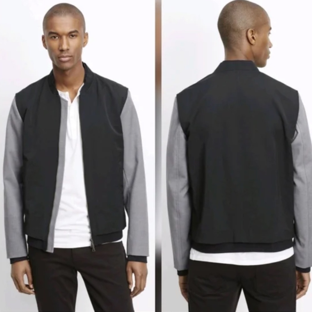 VINCE $445 Mens Large Black Gray Highline Mix Media Full Zip Bomber Jacket Coat